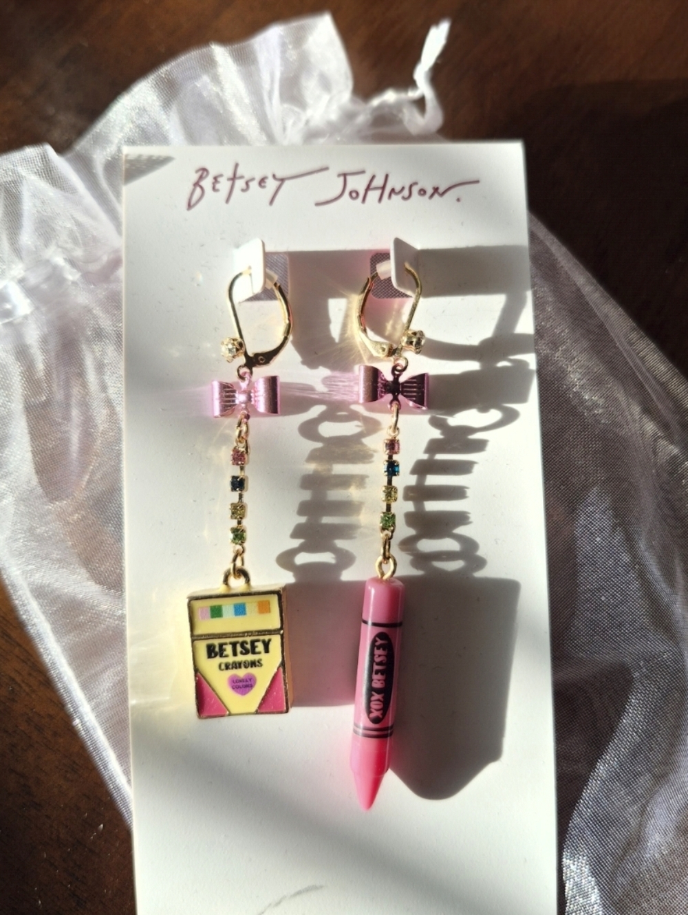 Betsey Johnson Back to School Mismatch Drop Earrings "Betsey Crayons" box